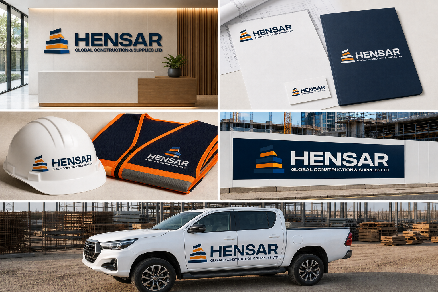 Hensar construction brand identity mockups designed by Amenbiz