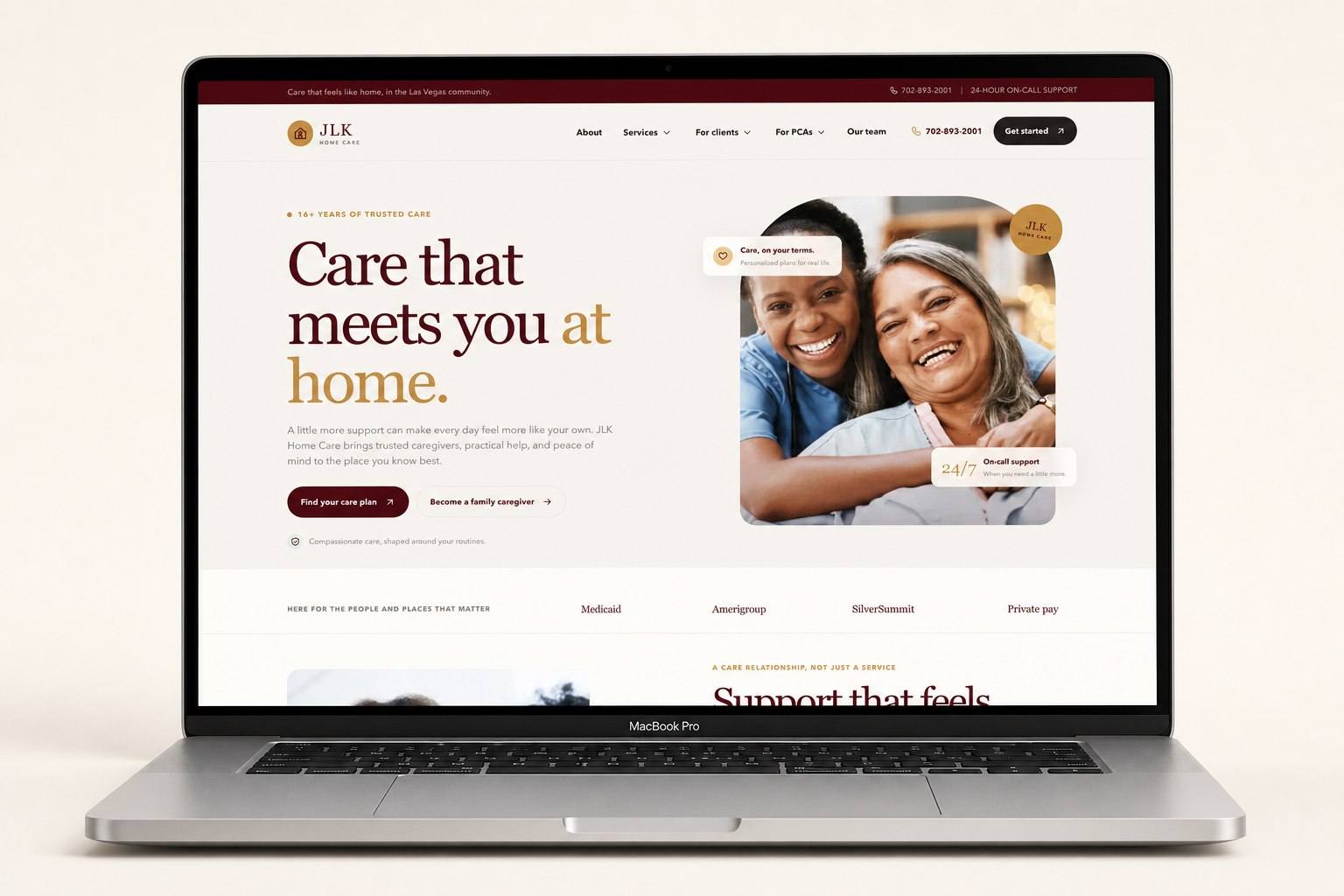JLK Home Care website displayed on a MacBook mockup, designed by Amenbiz